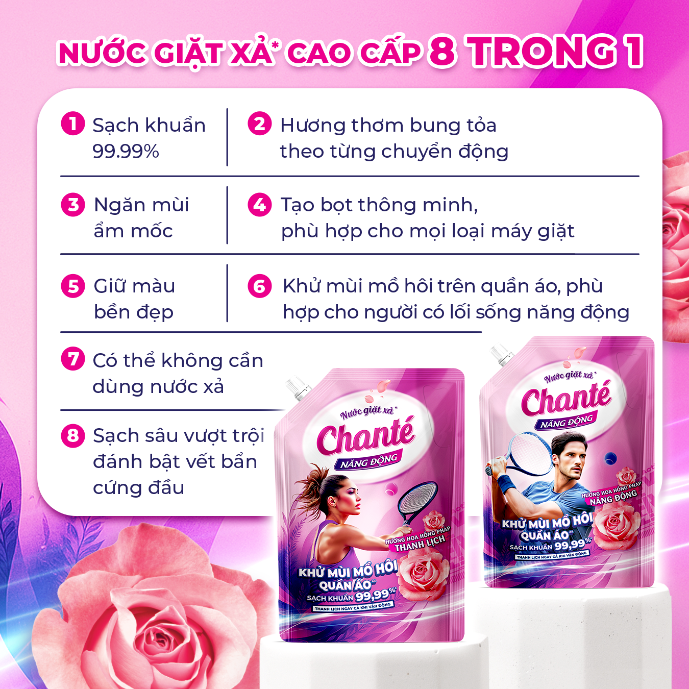 Nước giặt xả 8 trong 1 Chanté Năng Động hương hoa Hồng Pháp Năng động - Masan Consumer